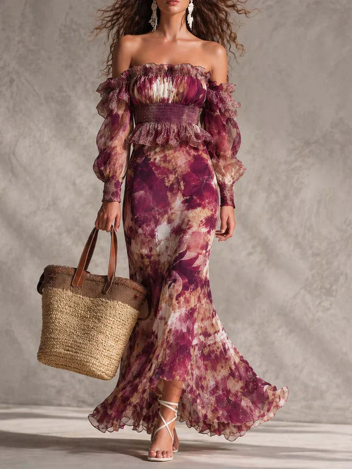 Aurora Pink Floral Chiffon Off-the-Shoulder Maxi Dress