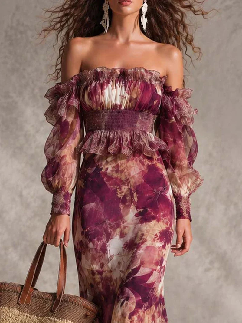 Aurora Pink Floral Chiffon Off-the-Shoulder Maxi Dress
