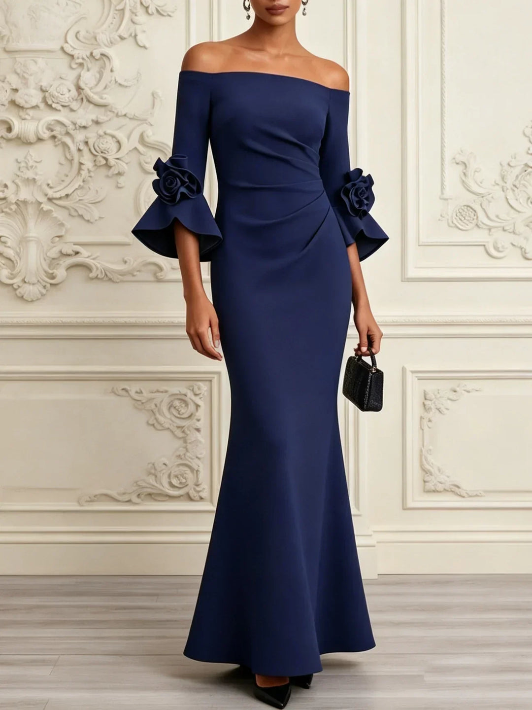 Lucienne | Navy 3D Floral Mermaid Maxi Dress