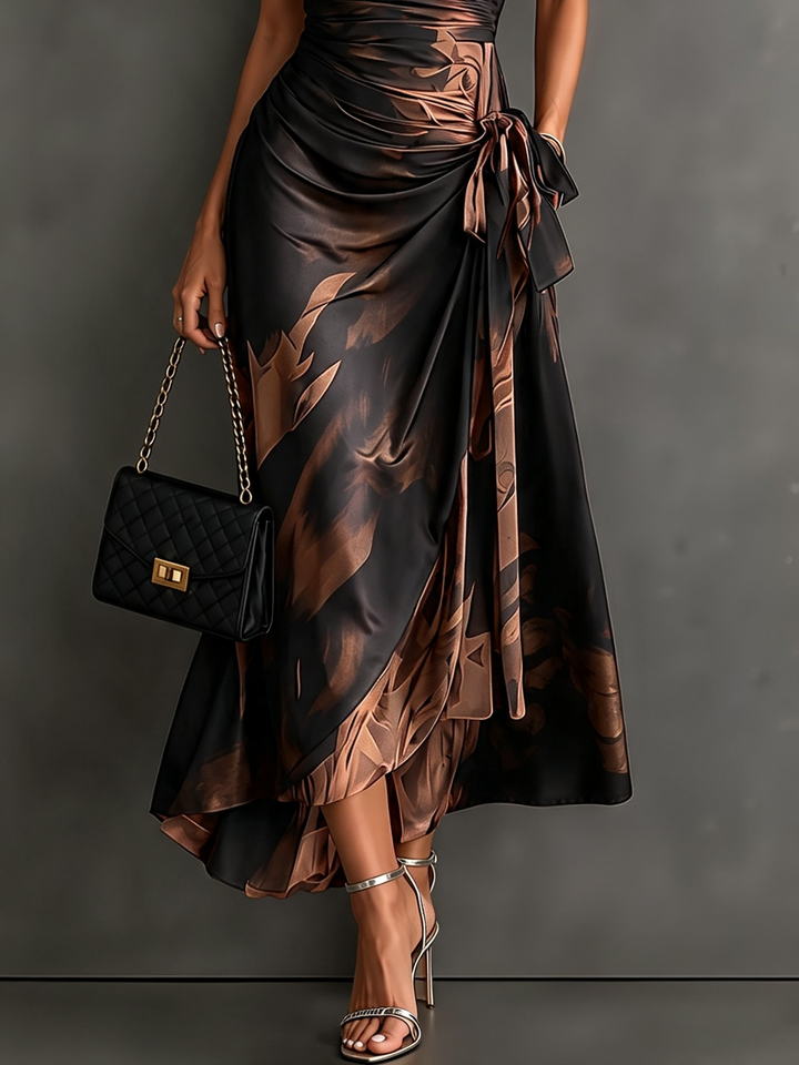 Midi Wallet Dress with Abstract Brown Print, V-Neck Collar, Short Sleeves, Bow Waist, Asymmetrical Ruffle Hem