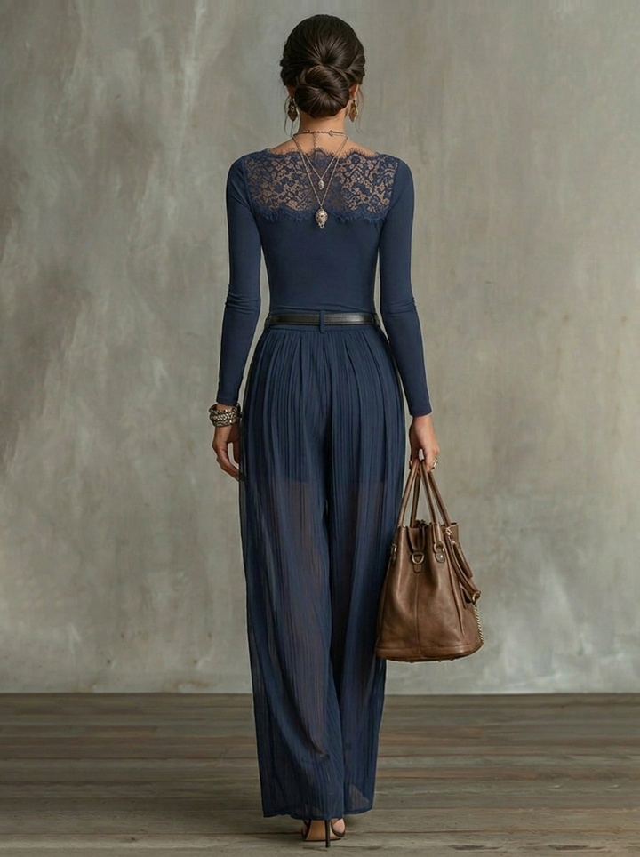 Serena Lace-Panel Top & Sheer Wide-Leg Pants Set