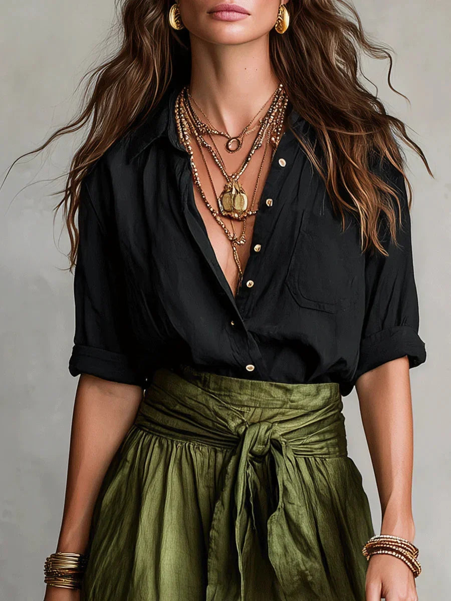 Violet Black Blouse and Midi Skirt Set