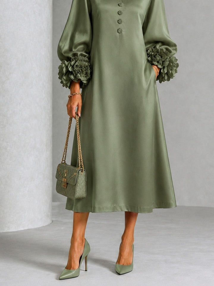 Midi Dress in Green Satin with Floral Sleeves from the Declaration