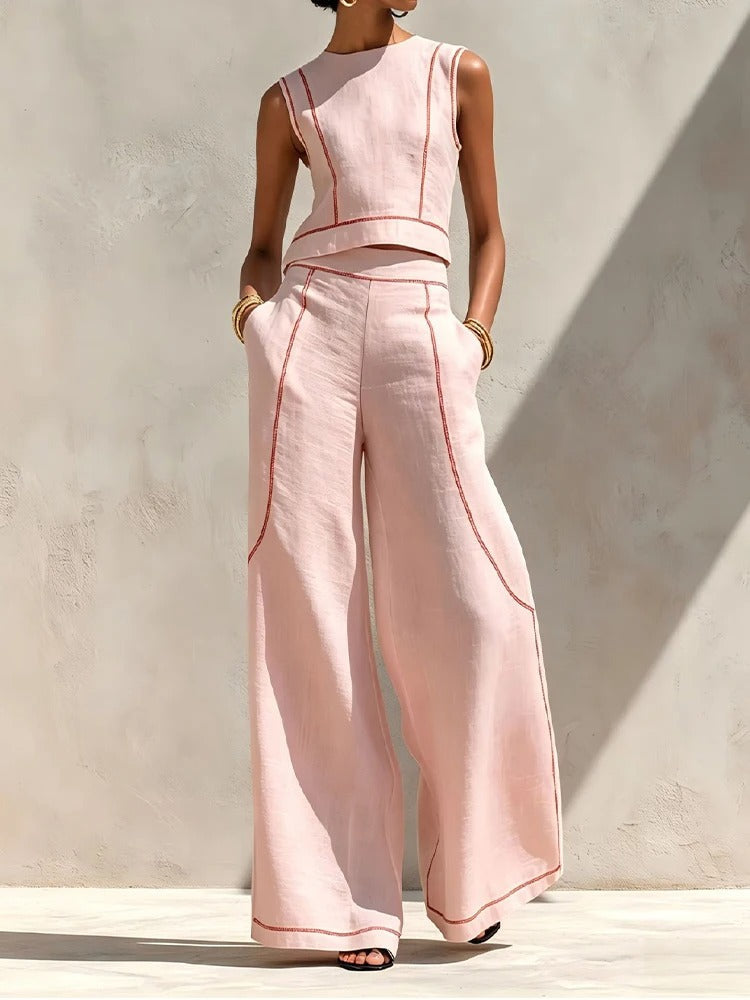 Isla Contrast-Trim Top and Palazzo Trouser Set