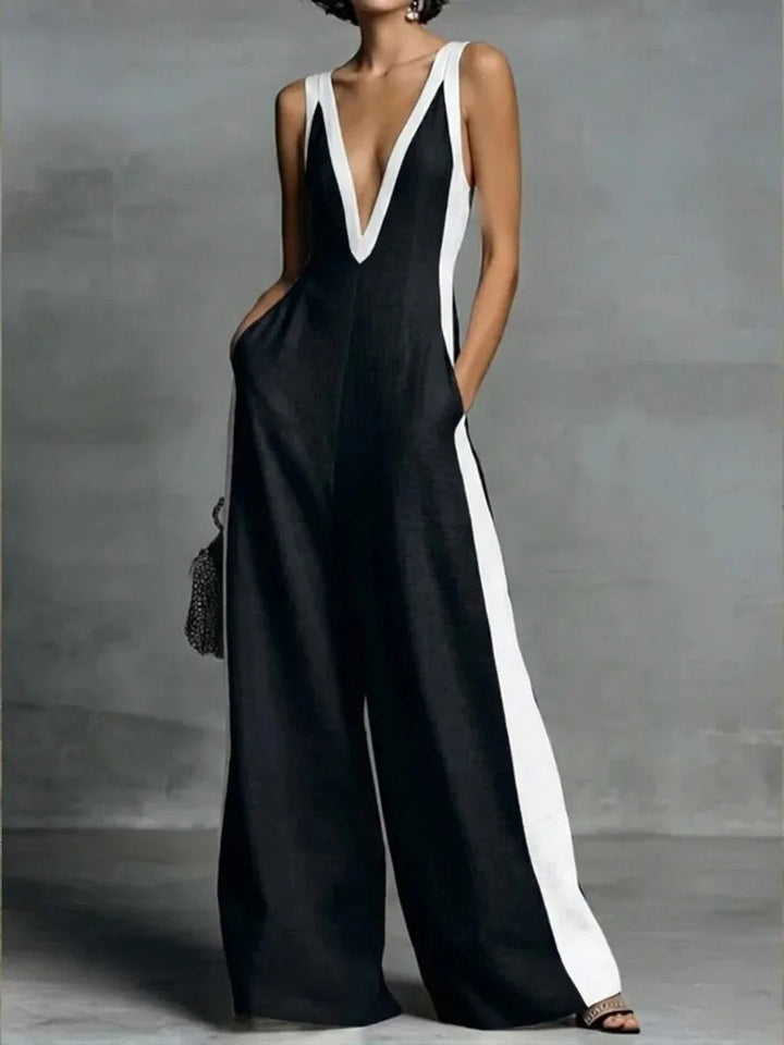 Amelia Two-Tone Wide-Leg V-Neck Jumpsuit