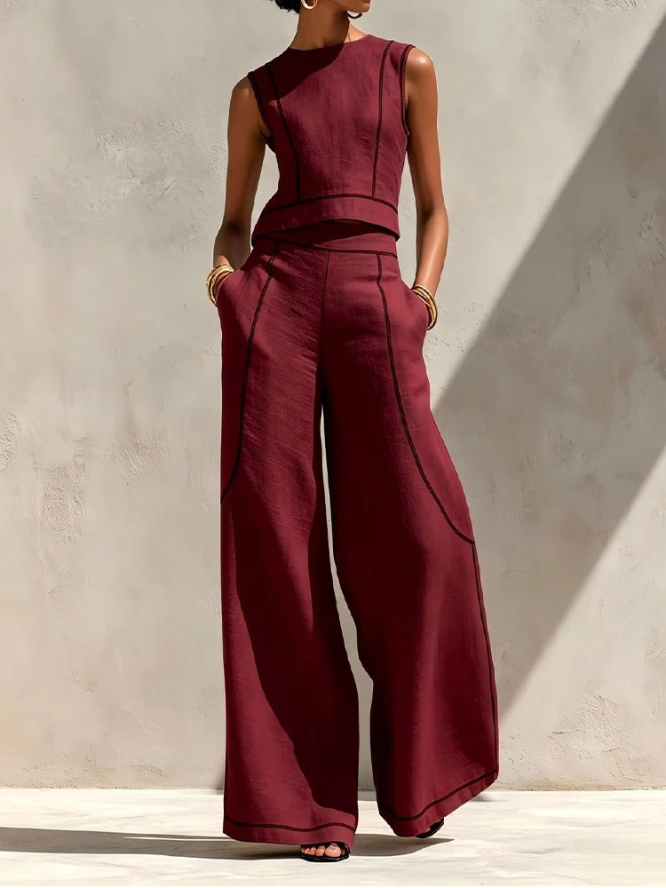 Isla Contrast-Trim Top and Palazzo Trouser Set