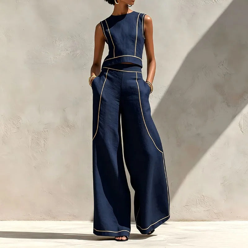 Isla Contrast-Trim Top and Palazzo Trouser Set