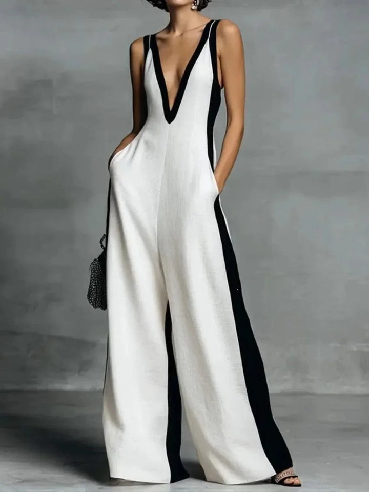 Amelia Two-Tone Wide-Leg V-Neck Jumpsuit