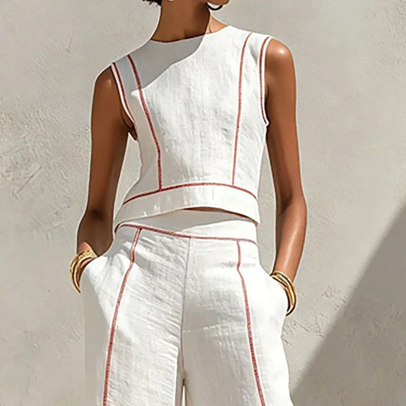 Isla Contrast-Trim Top and Palazzo Trouser Set