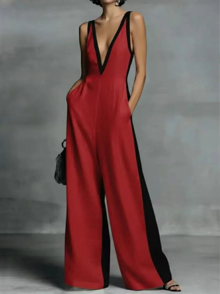 Amelia Two-Tone Wide-Leg V-Neck Jumpsuit