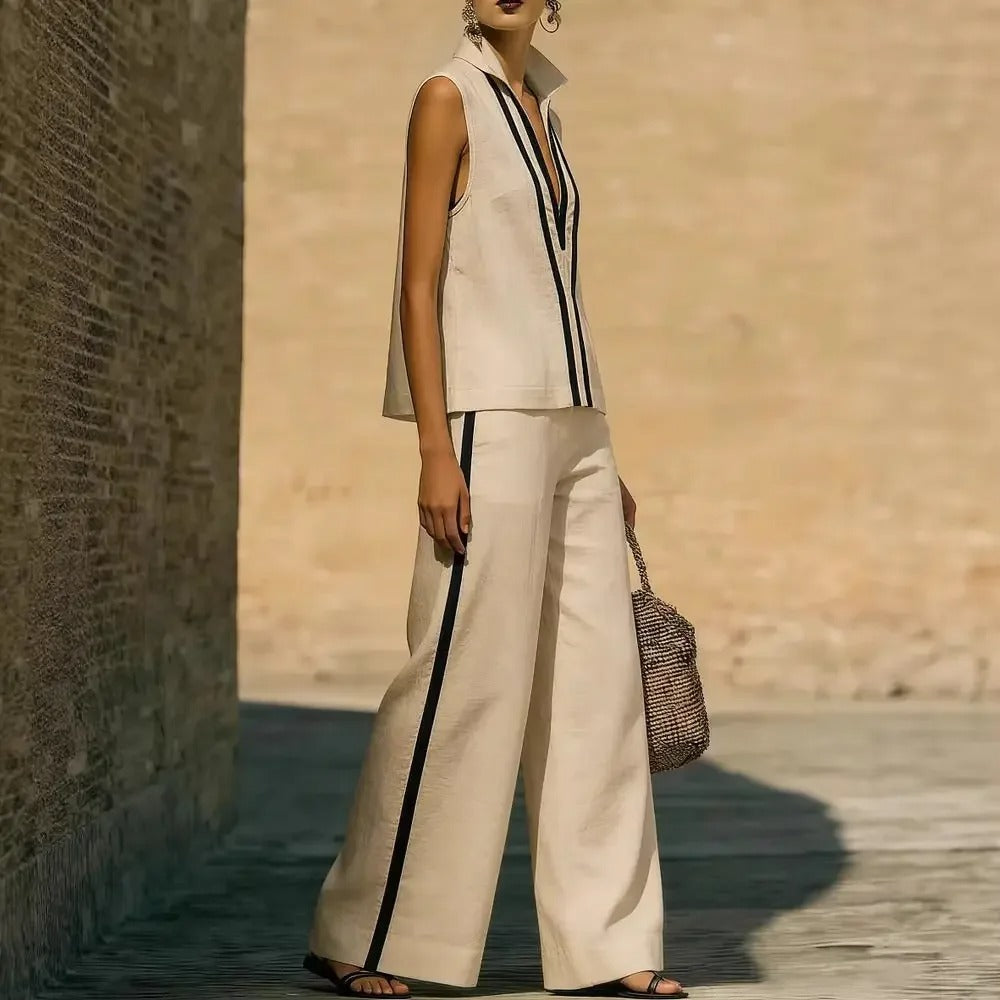 Lucy Two-Tone Linen V-Neck Top and Wide-Leg Trouser Set