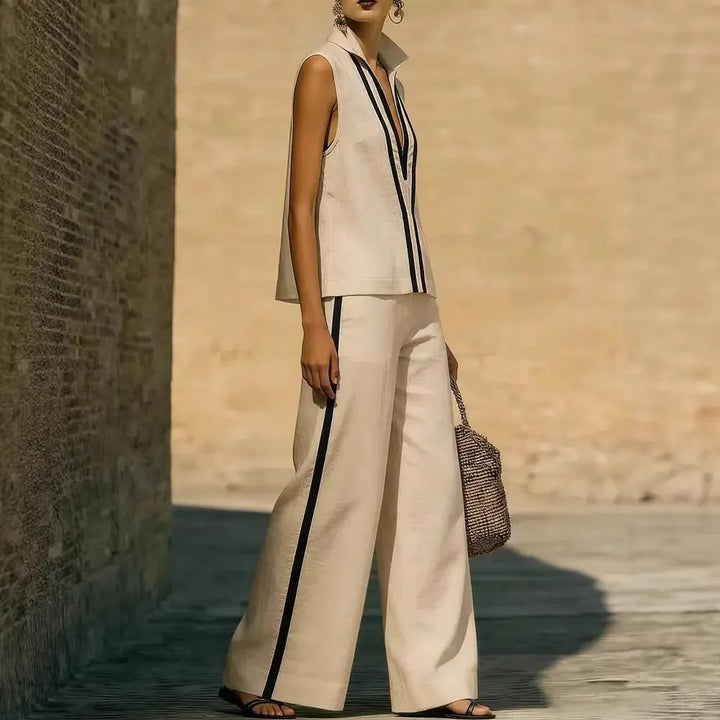 Lucy Two-Tone Linen V-Neck Top and Wide-Leg Trouser Set