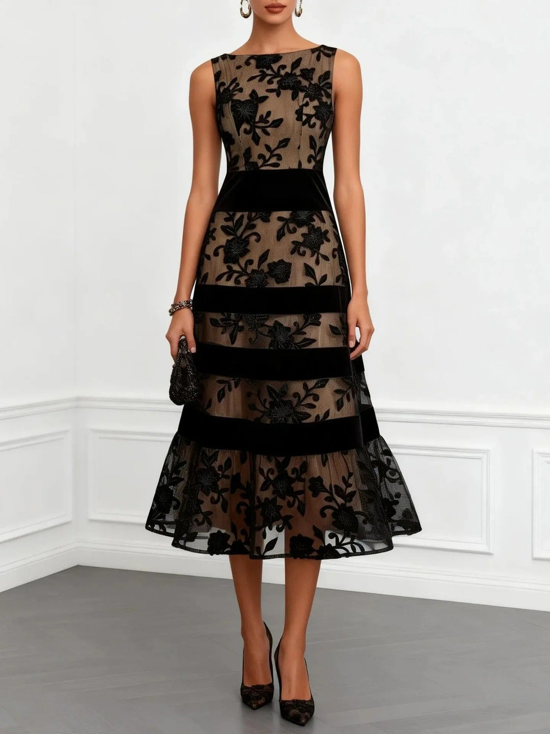 Audrey Floral-Embroidered Tulle Midi Dress