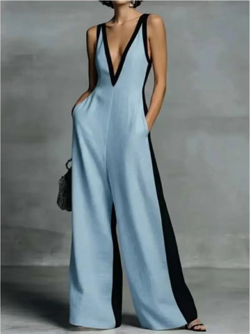 Amelia Two-Tone Wide-Leg V-Neck Jumpsuit