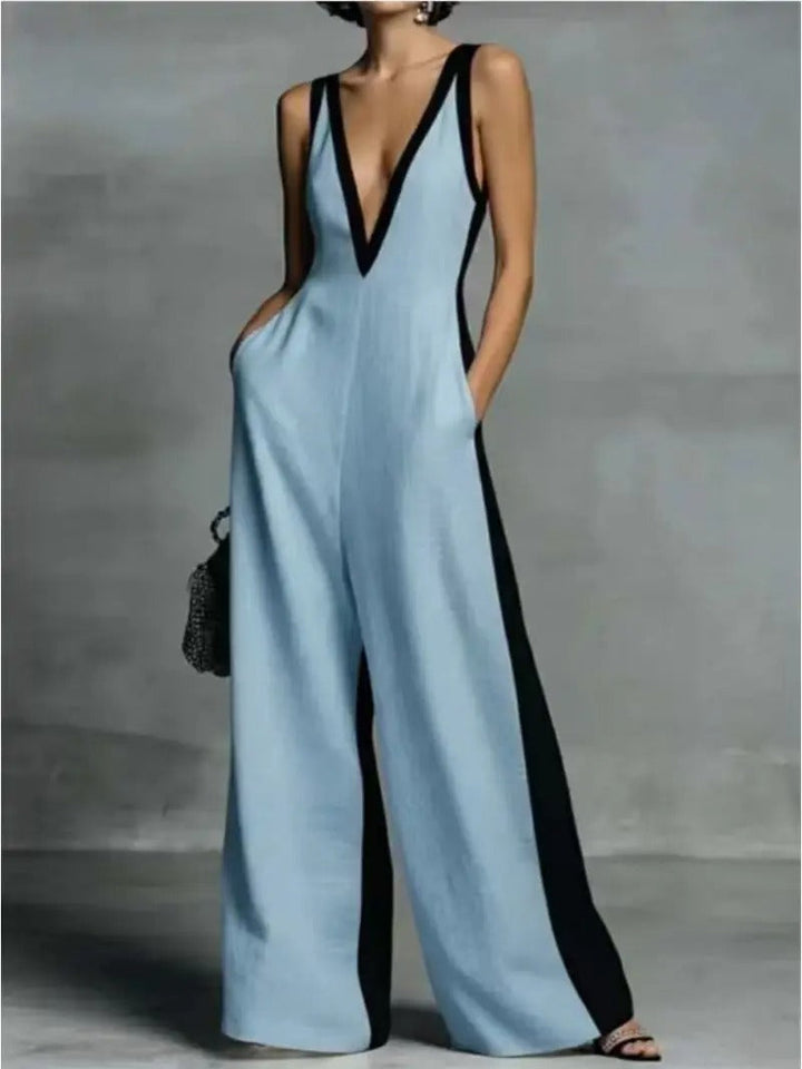 Amelia Two-Tone Wide-Leg V-Neck Jumpsuit
