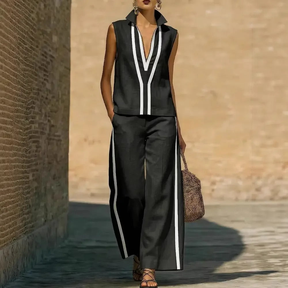 Lucy Two-Tone Linen V-Neck Top and Wide-Leg Trouser Set