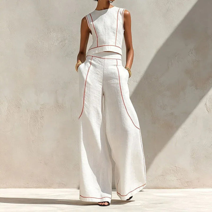 Isla Contrast-Trim Top and Palazzo Trouser Set