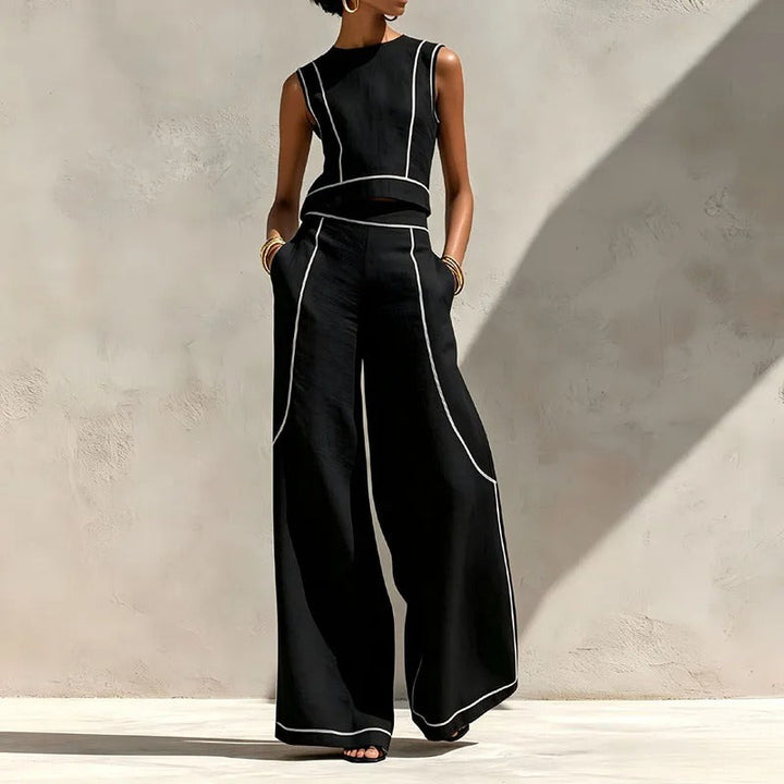 Isla Contrast-Trim Top and Palazzo Trouser Set