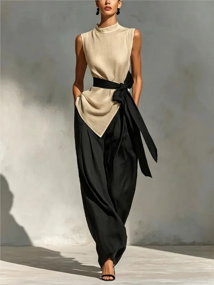 Georgia Two-Tone Asymmetric Top and Wide-Leg Trouser Set