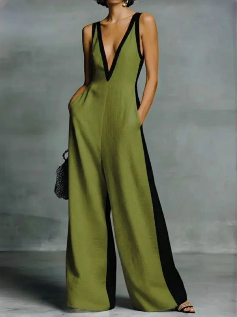 Amelia Two-Tone Wide-Leg V-Neck Jumpsuit
