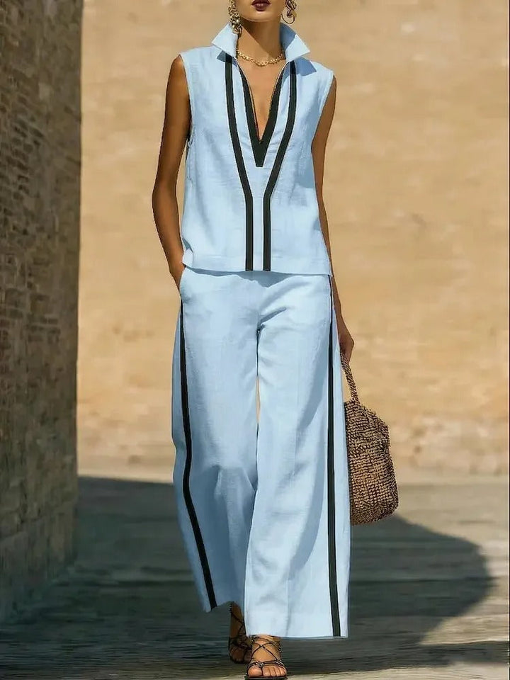 Lucy Two-Tone Linen V-Neck Top and Wide-Leg Trouser Set