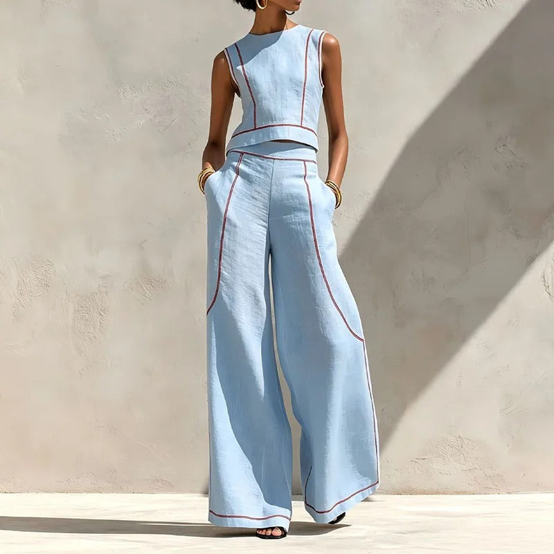 Isla Contrast-Trim Top and Palazzo Trouser Set