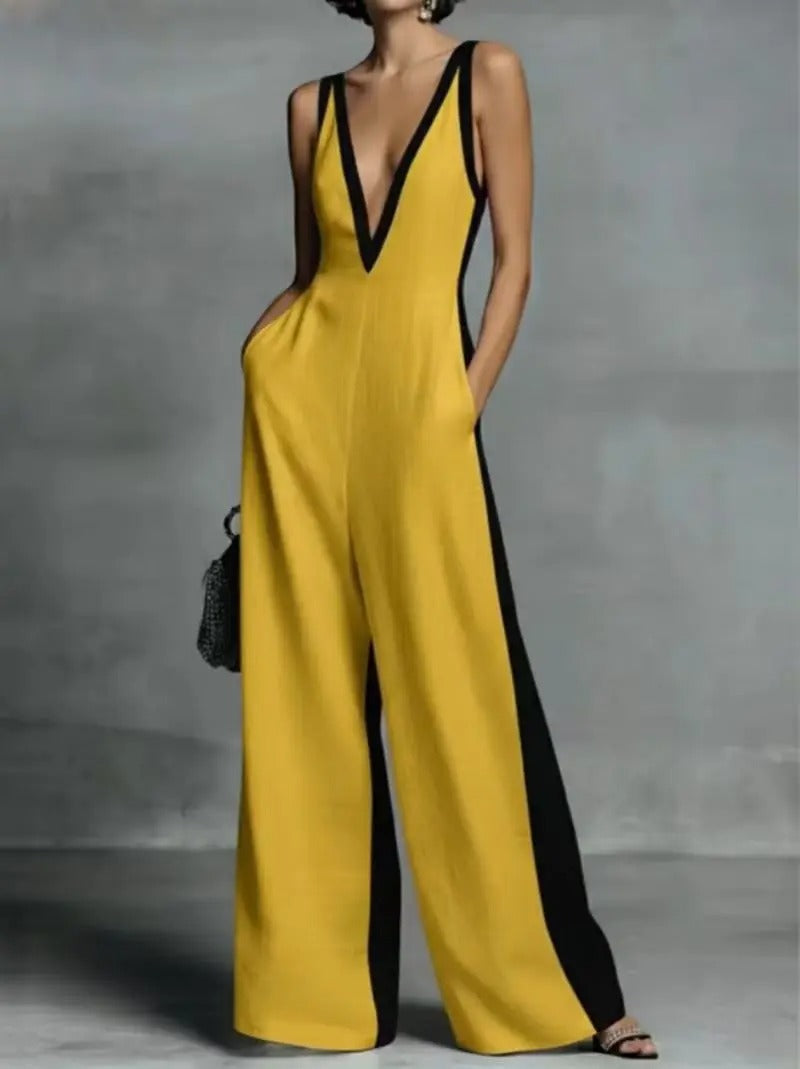 Amelia Two-Tone Wide-Leg V-Neck Jumpsuit