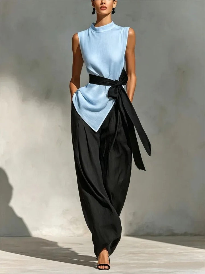 Georgia Two-Tone Asymmetric Top and Wide-Leg Trouser Set