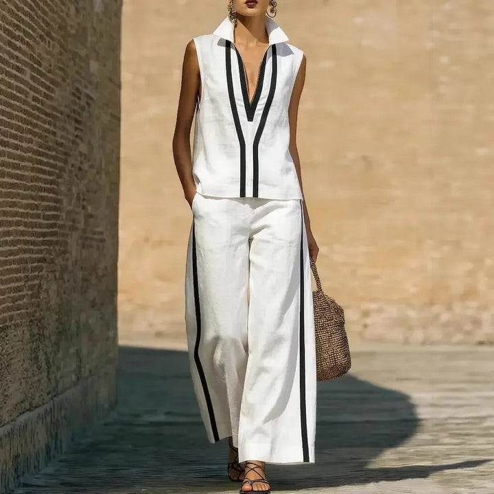 Lucy Two-Tone Linen V-Neck Top and Wide-Leg Trouser Set
