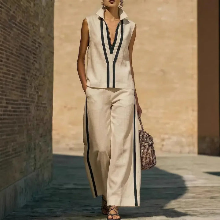 Lucy Two-Tone Linen V-Neck Top and Wide-Leg Trouser Set