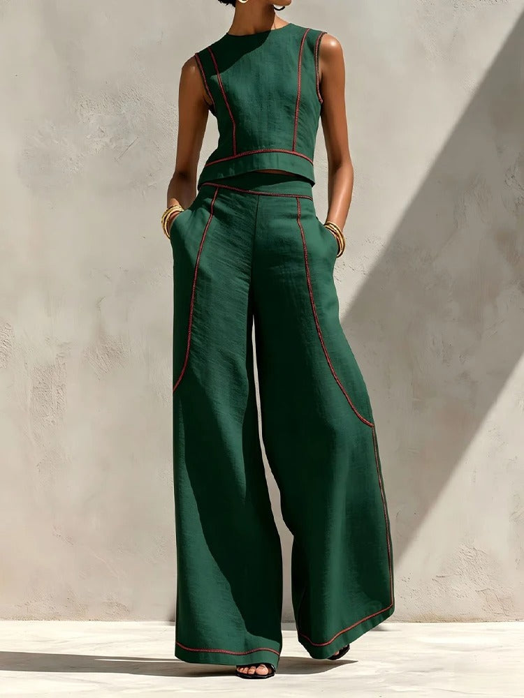 Isla Contrast-Trim Top and Palazzo Trouser Set